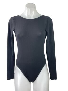 Something New Women's Black Long Sleeve Open Back Thong Bodysuit Top Size S